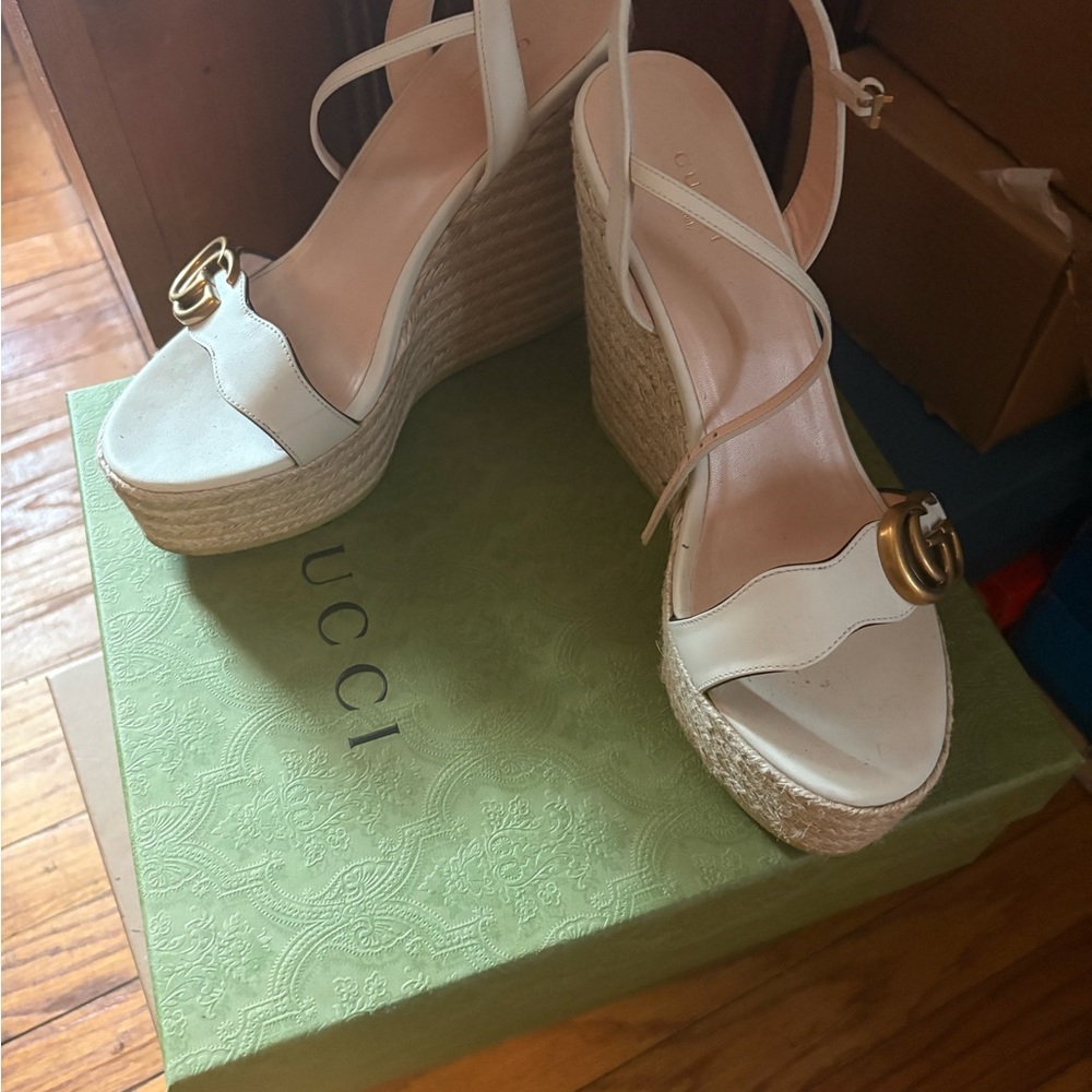 Gucci White Wedge Sandals with Ankle Straps
